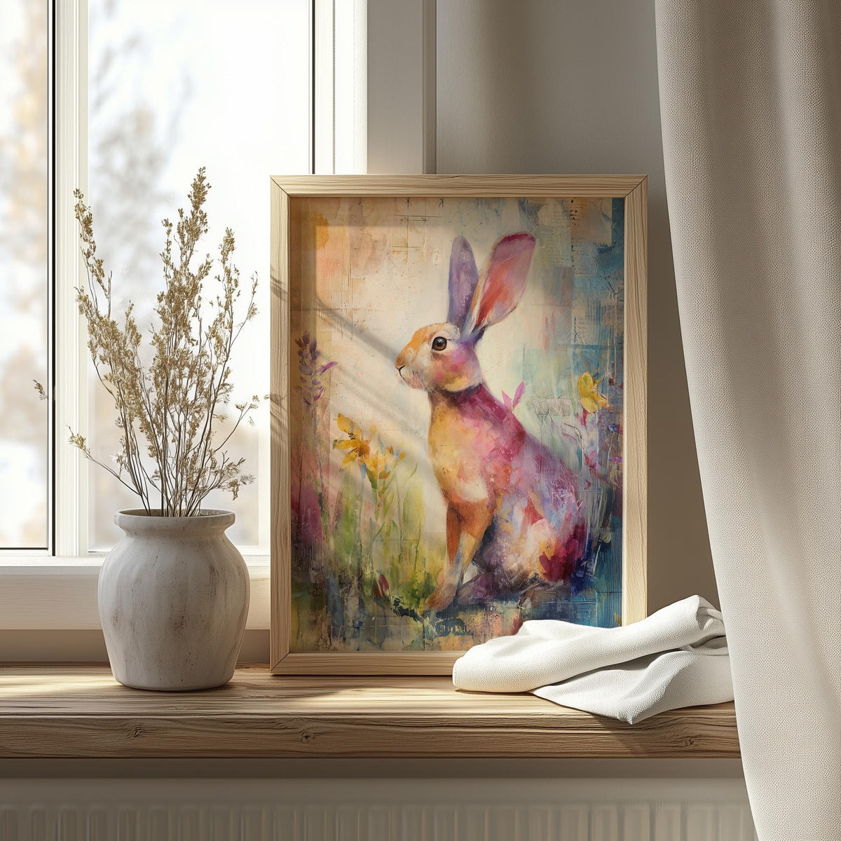 Wildflower Rabbit animal art print shown in a room setting