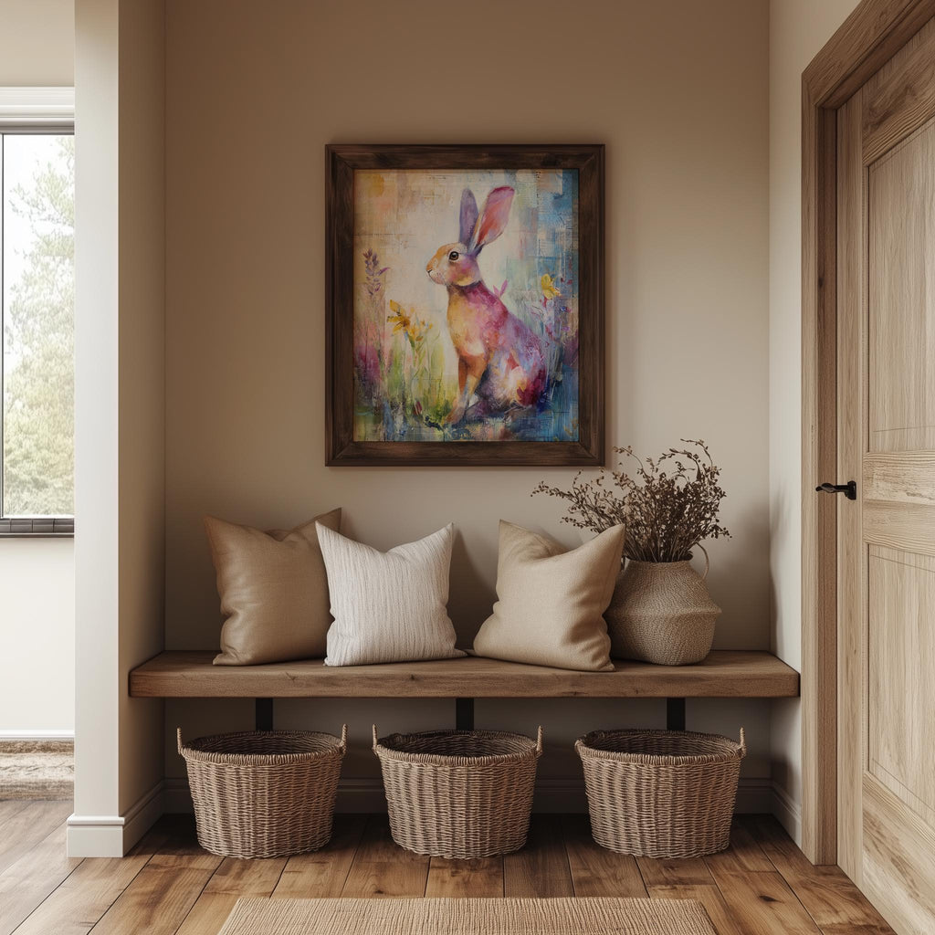 Wildflower Rabbit animal art print shown in a room setting