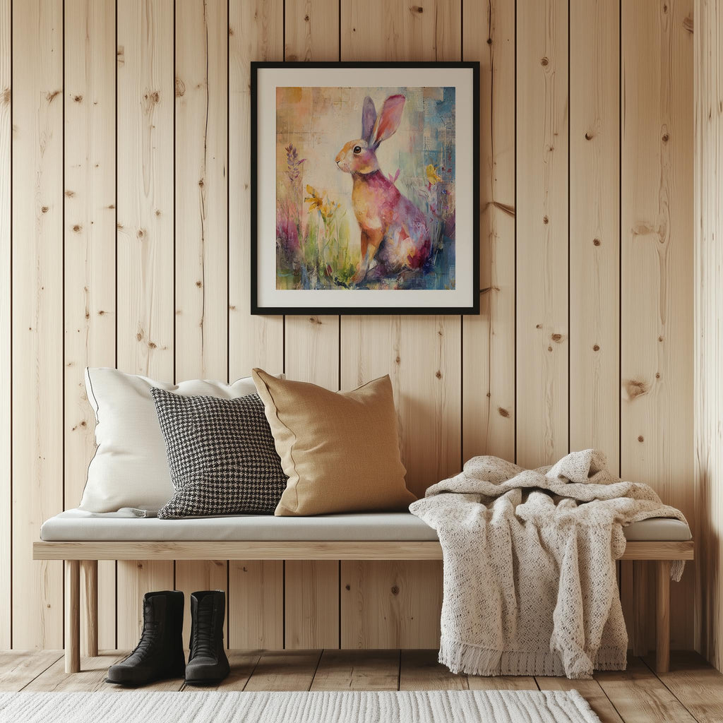 Wildflower Rabbit animal art print shown in a room setting