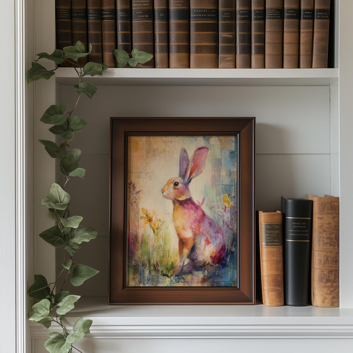 Wildflower Rabbit animal art print shown in a room setting