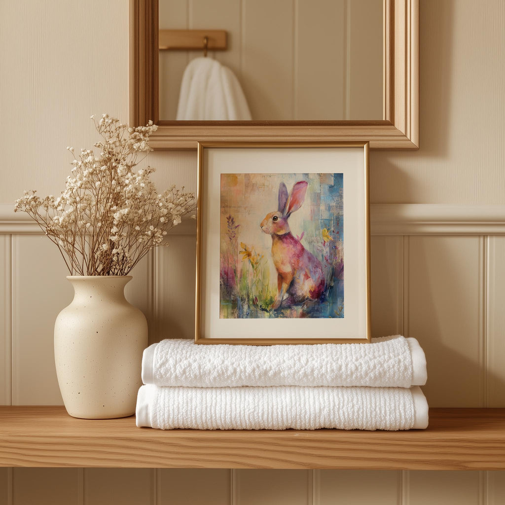 Wildflower Rabbit animal art print shown in a room setting