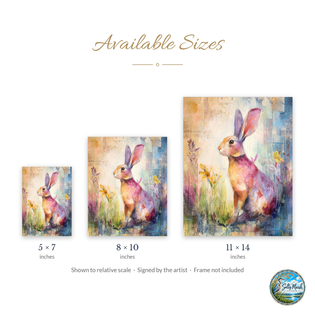 Wildflower Rabbit art print size guide: 5x7, 8x10 and 11x14