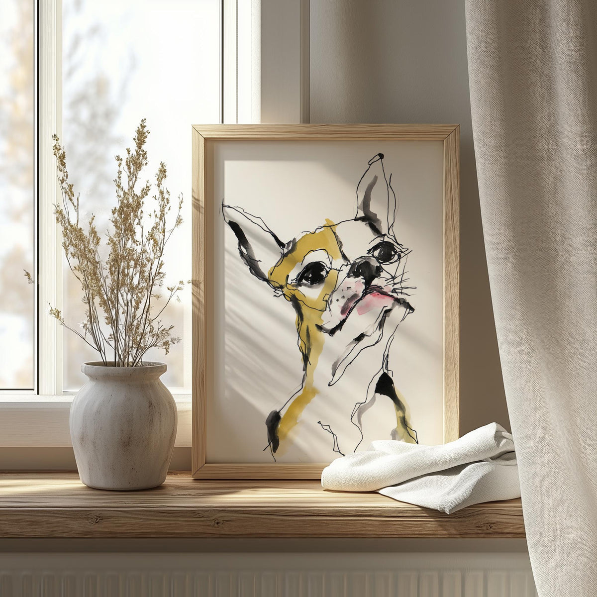 Funny Dog Sketch animal art print shown in a room setting