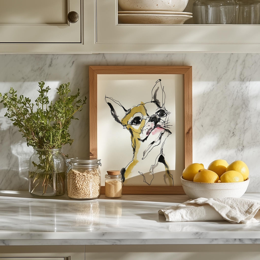 Funny Dog Sketch animal art print shown in a room setting