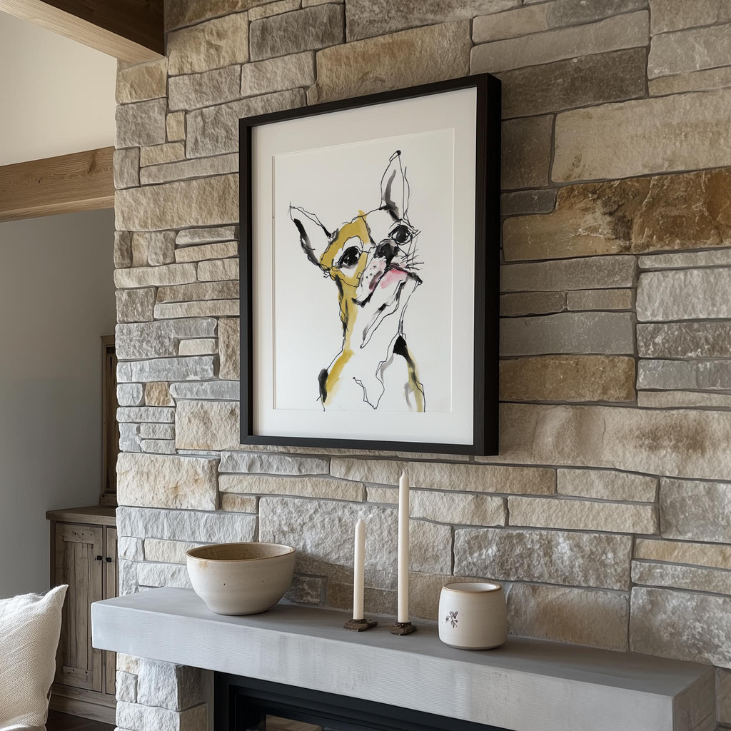 Funny Dog Sketch animal art print shown in a room setting