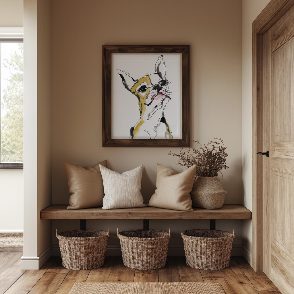 Funny Dog Sketch animal art print shown in a room setting