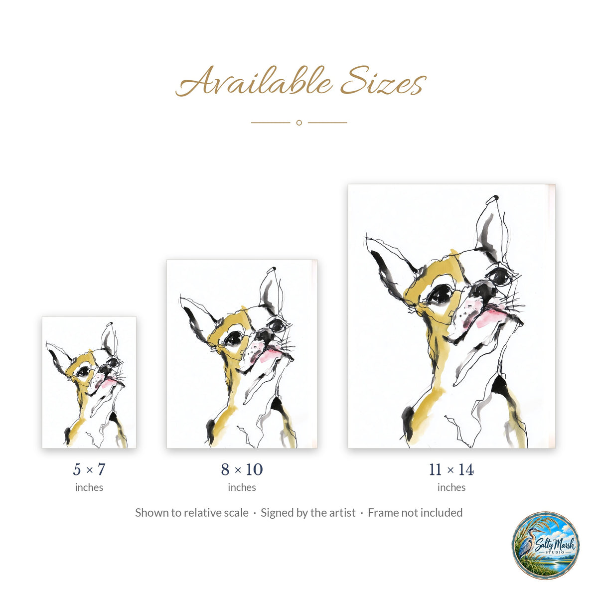 Funny Dog Sketch art print size guide: 5x7, 8x10 and 11x14