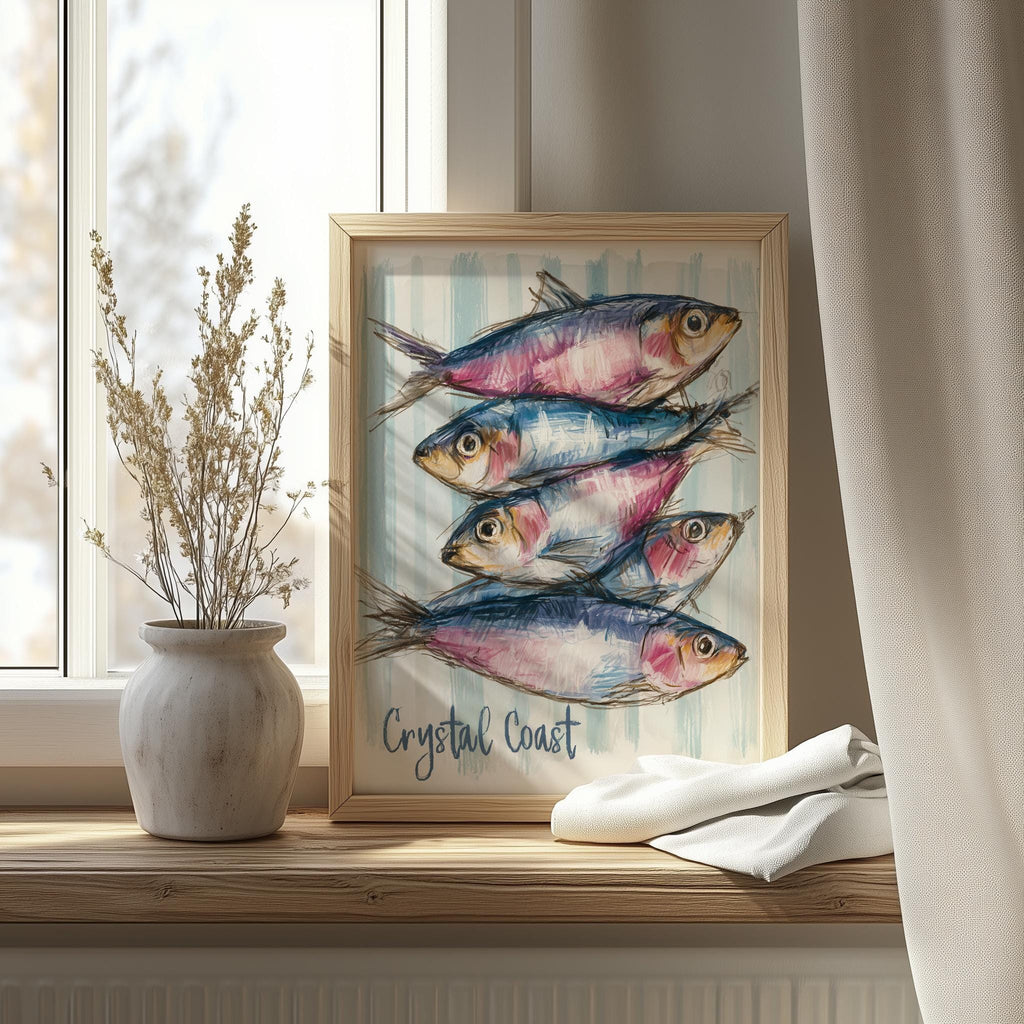 Crystal Coast Fish animal art print shown in a room setting