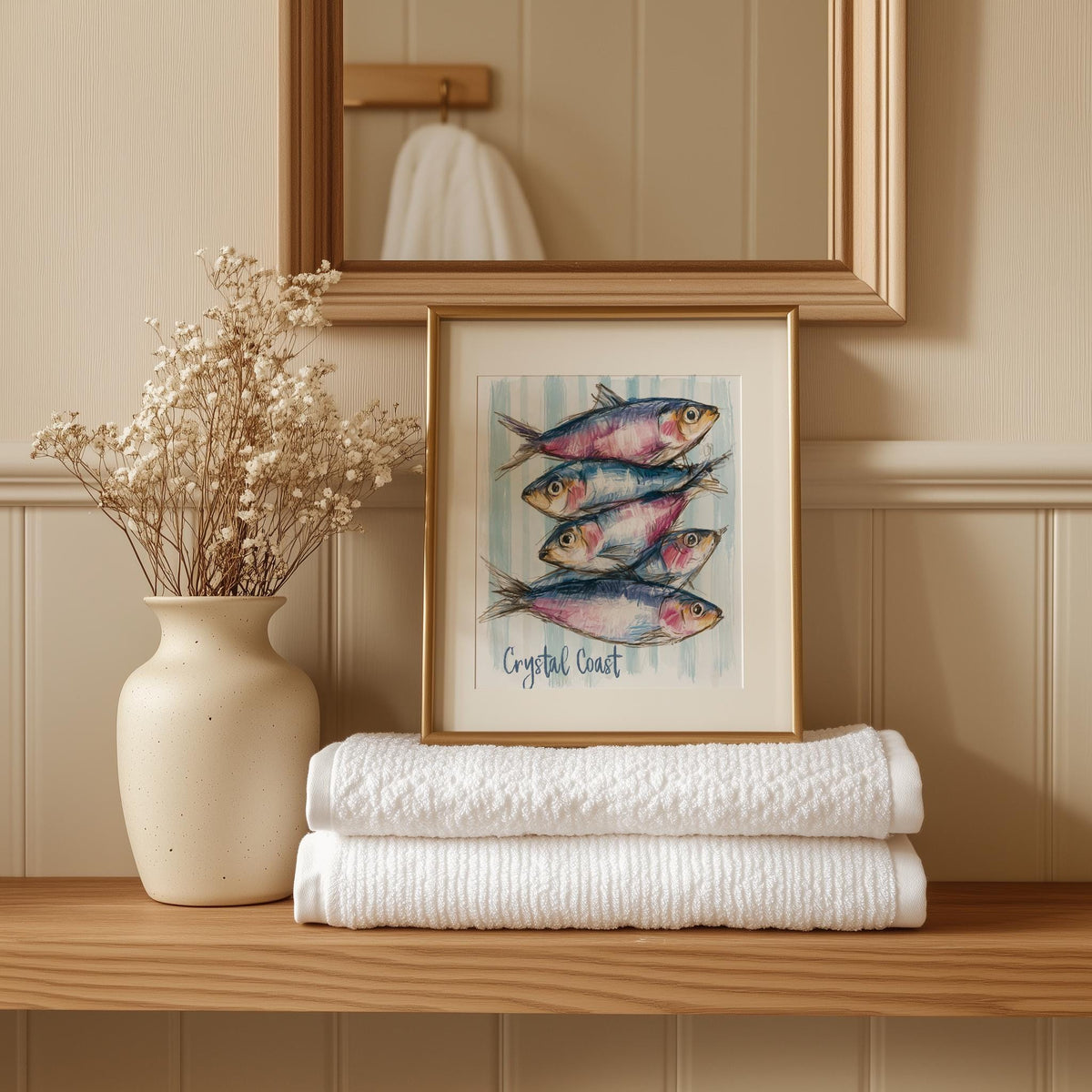 Crystal Coast Fish animal art print shown in a room setting