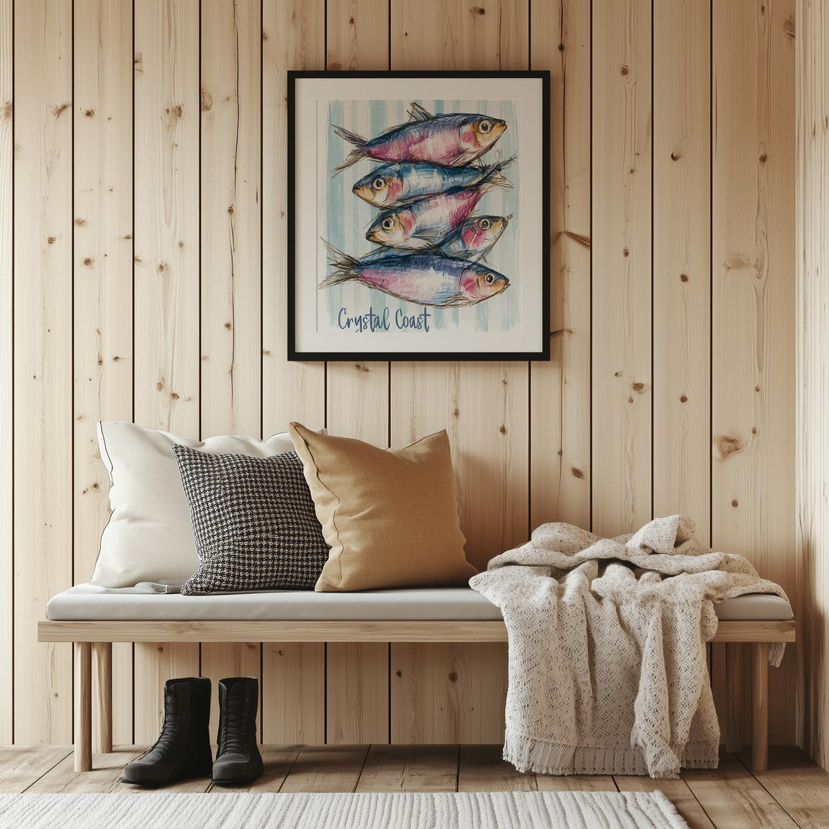 Crystal Coast Fish animal art print shown in a room setting
