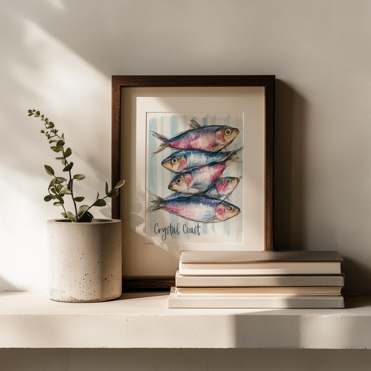 Crystal Coast Fish animal art print shown in a room setting