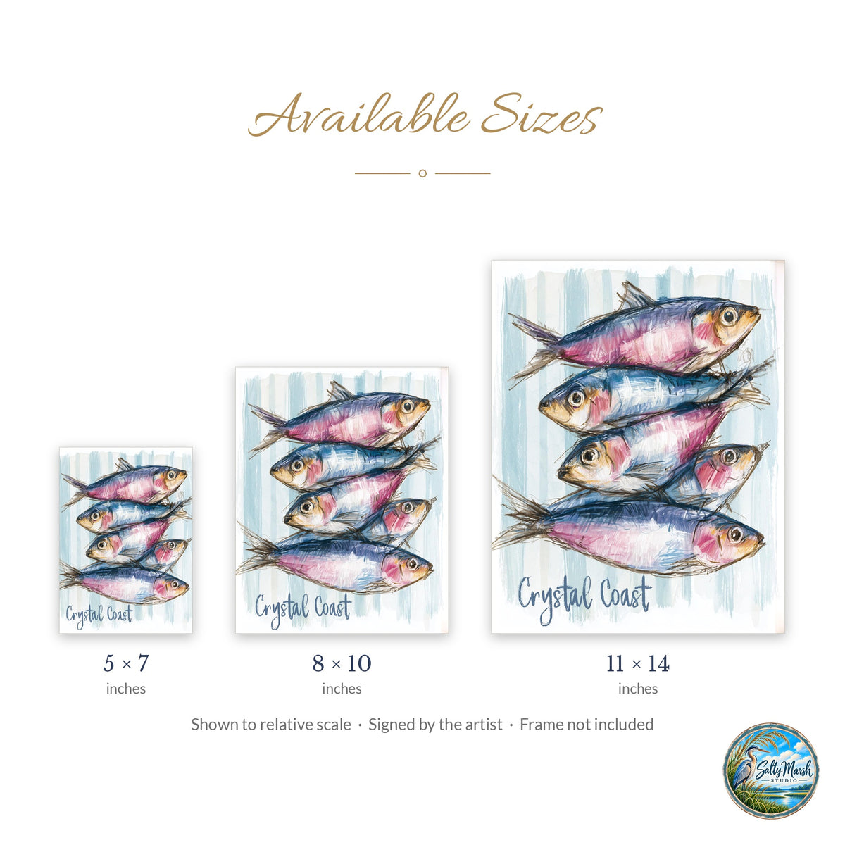 Crystal Coast Fish art print size guide: 5x7, 8x10 and 11x14