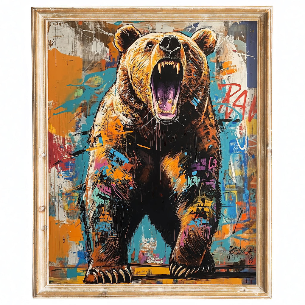 Roaring Grizzly animal art print framed