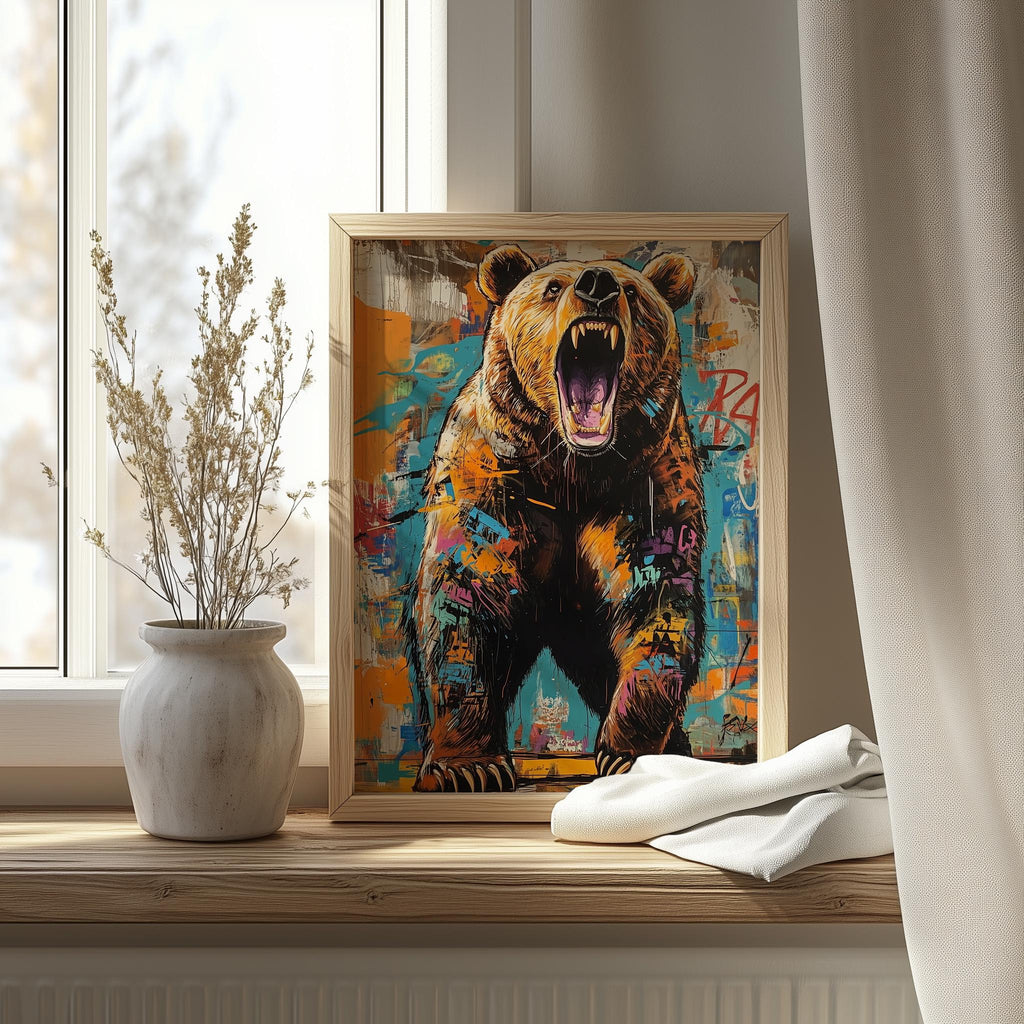 Roaring Grizzly animal art print shown in a room setting