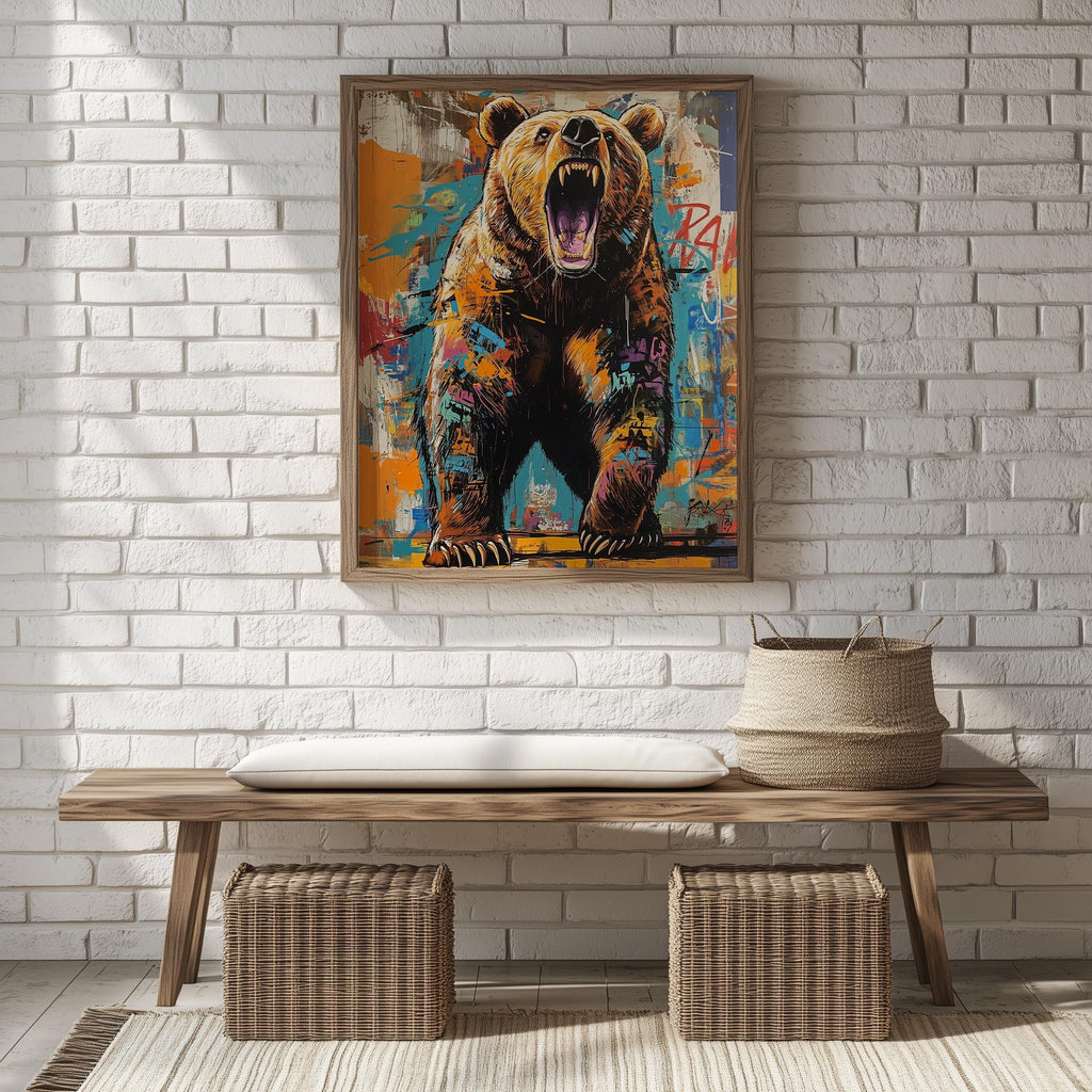 Roaring Grizzly animal art print shown in a room setting