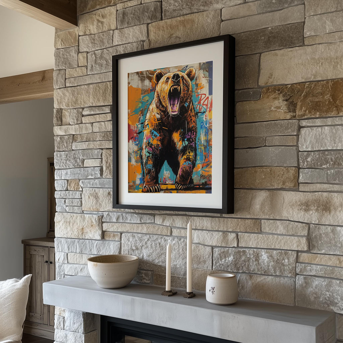 Roaring Grizzly animal art print shown in a room setting
