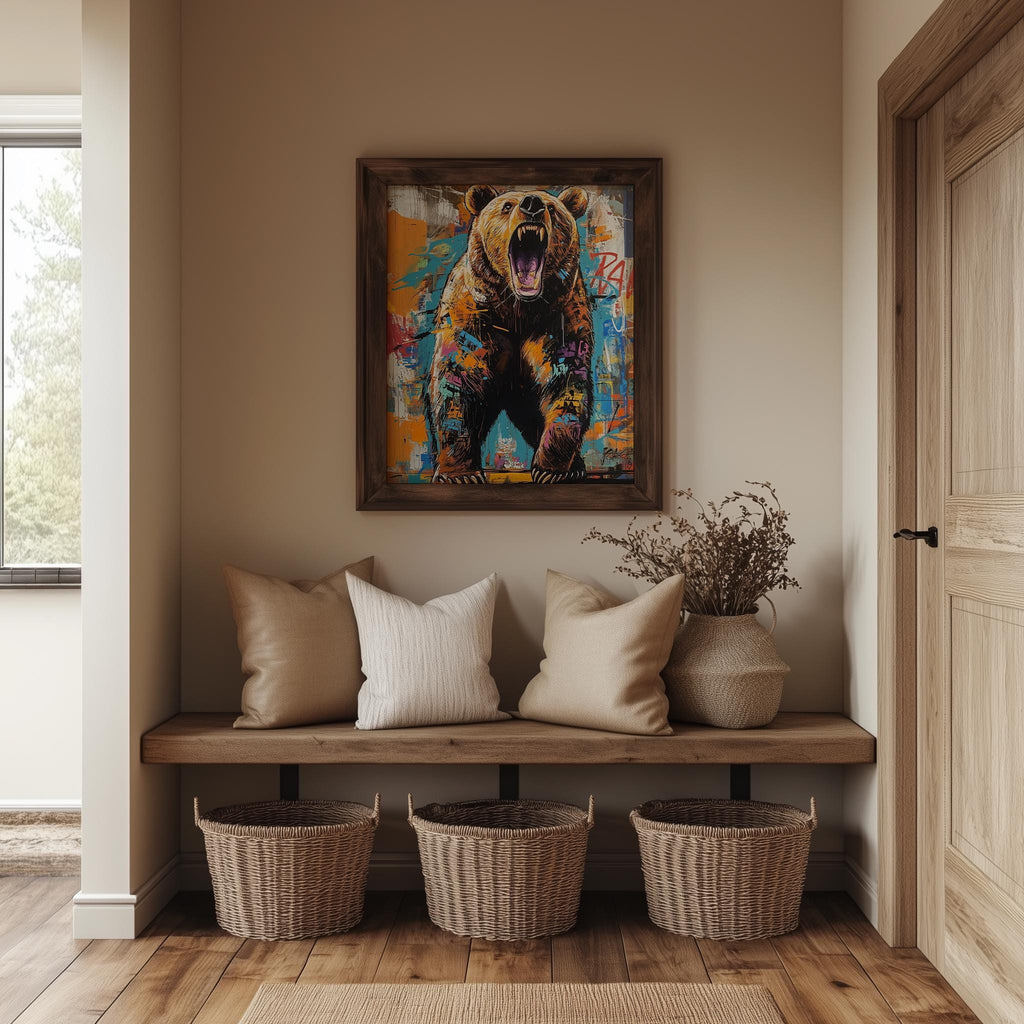 Roaring Grizzly animal art print shown in a room setting