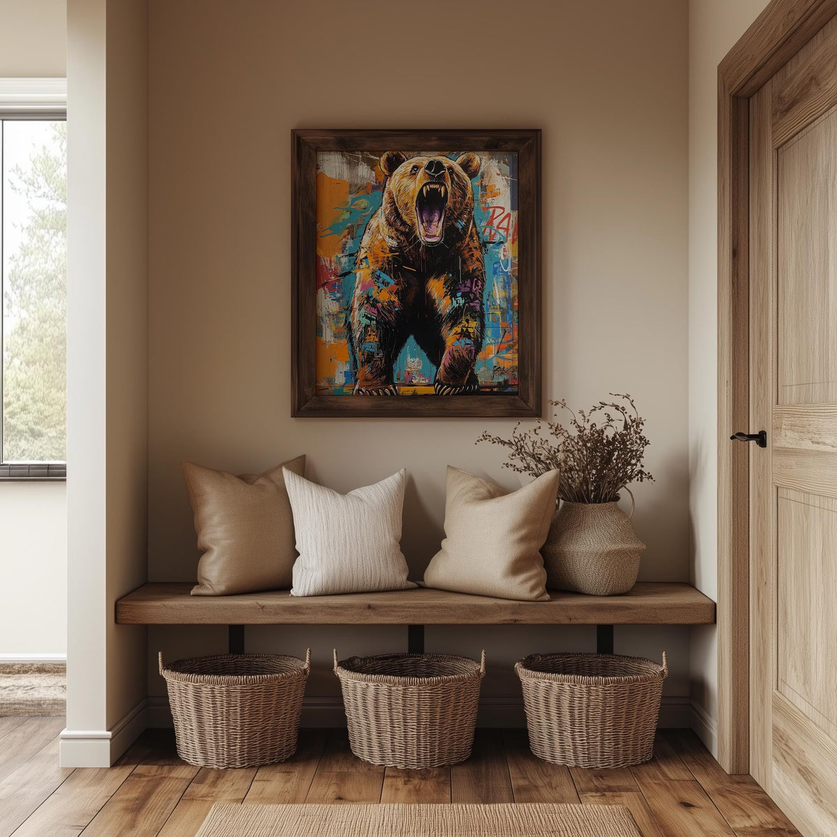 Roaring Grizzly animal art print shown in a room setting