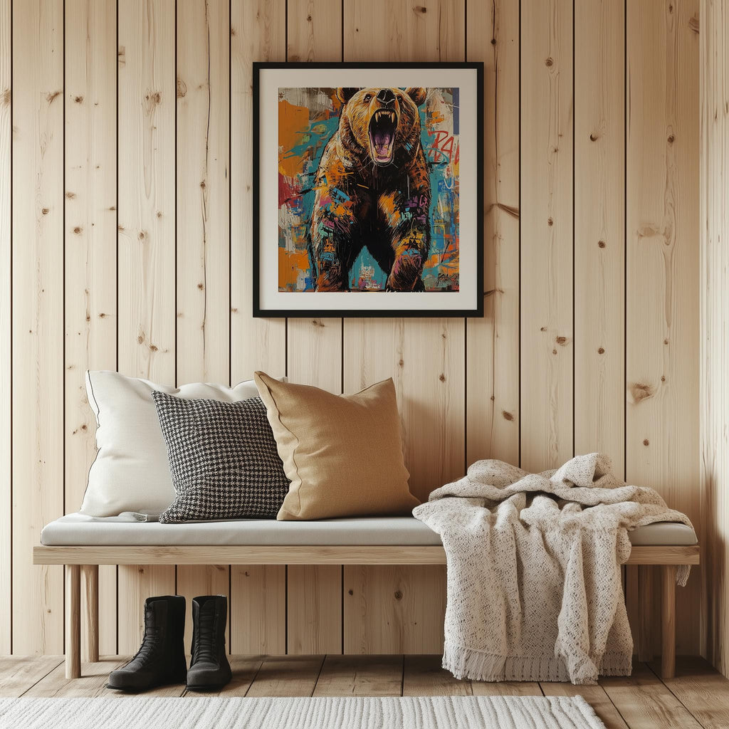 Roaring Grizzly animal art print shown in a room setting