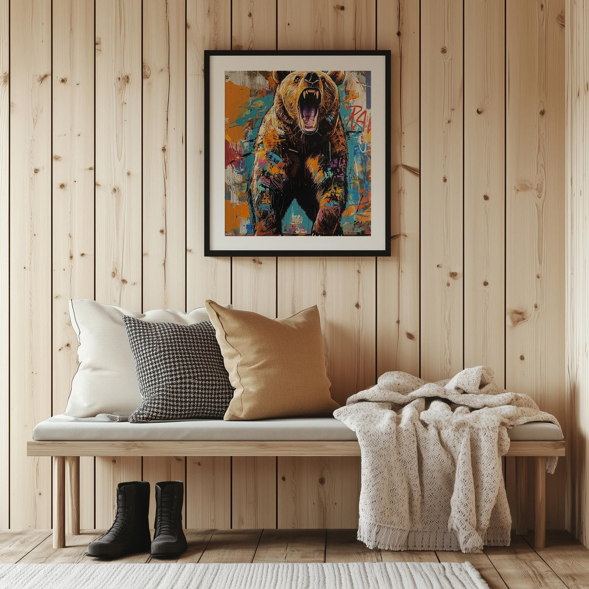 Roaring Grizzly animal art print shown in a room setting