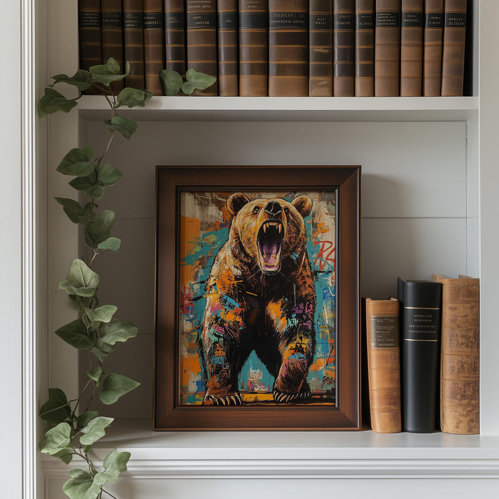 Roaring Grizzly animal art print shown in a room setting