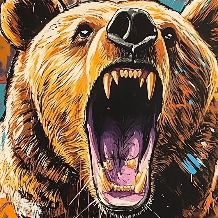 Roaring Grizzly animal art print close-up detail