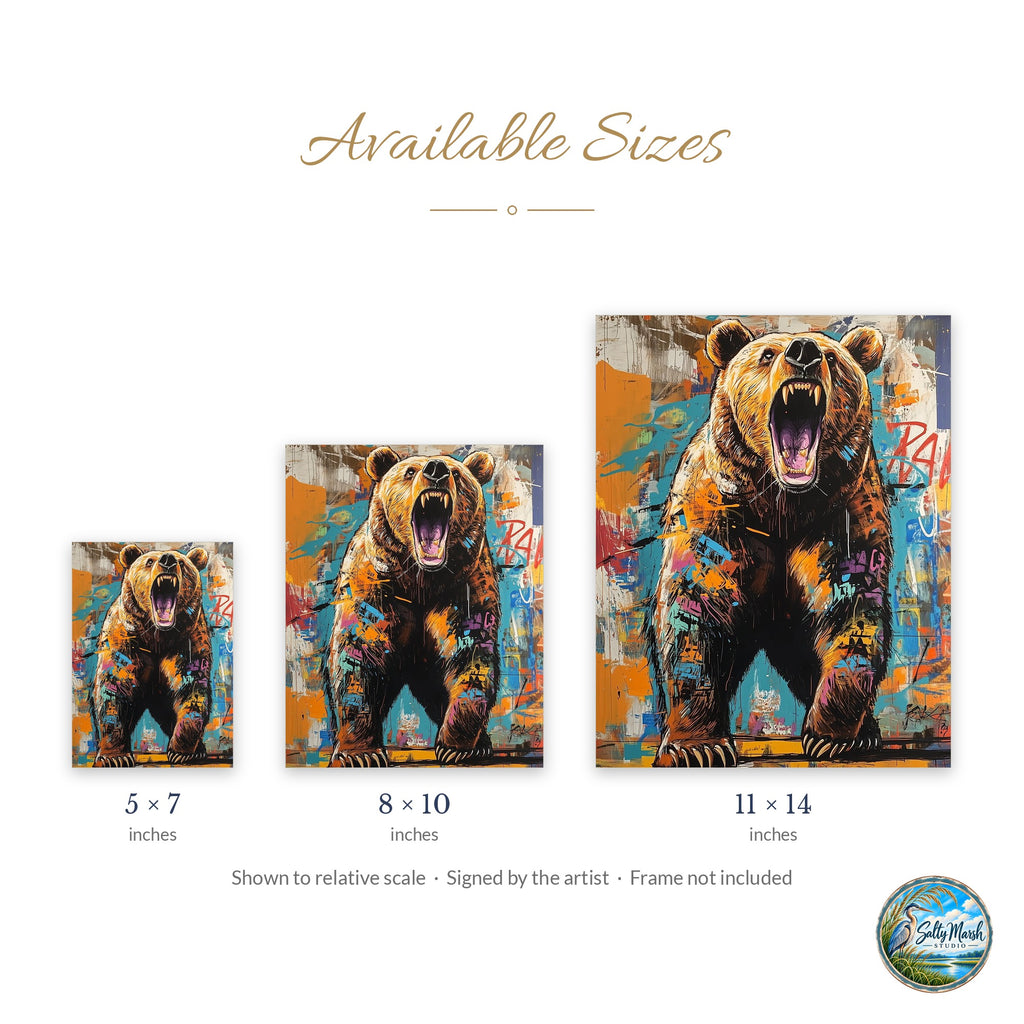 Roaring Grizzly art print size guide: 5x7, 8x10 and 11x14