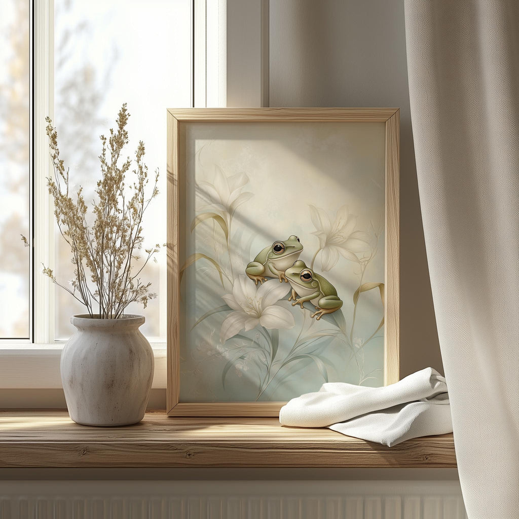 Frog Lily animal art print shown in a room setting