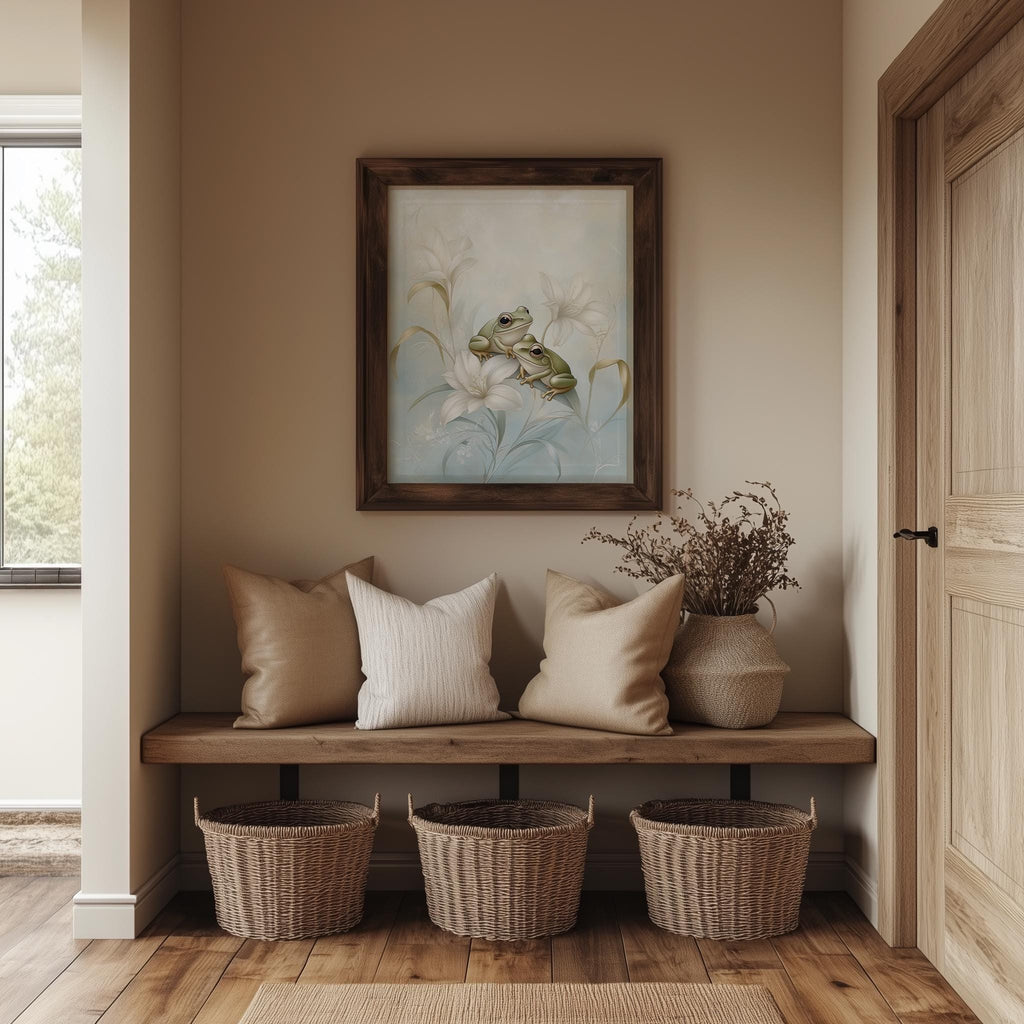 Frog Lily animal art print shown in a room setting