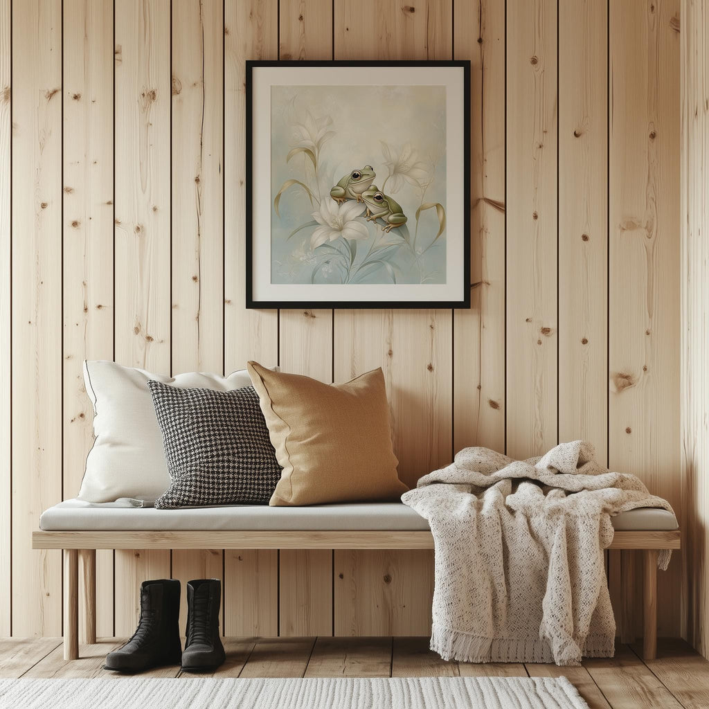 Frog Lily animal art print shown in a room setting