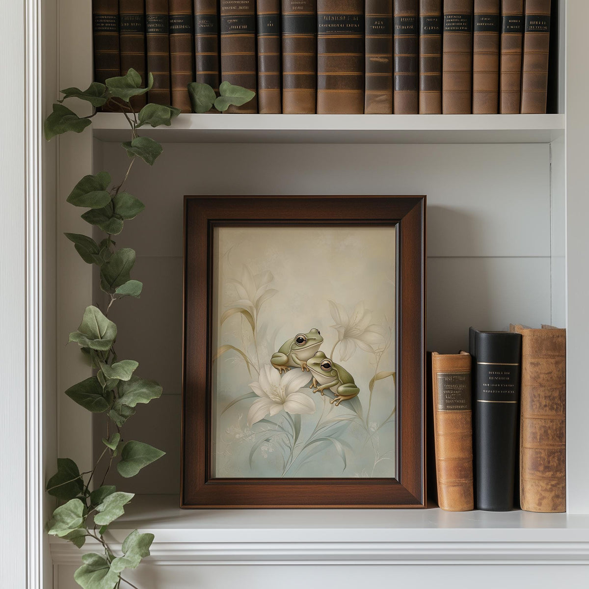 Frog Lily animal art print shown in a room setting