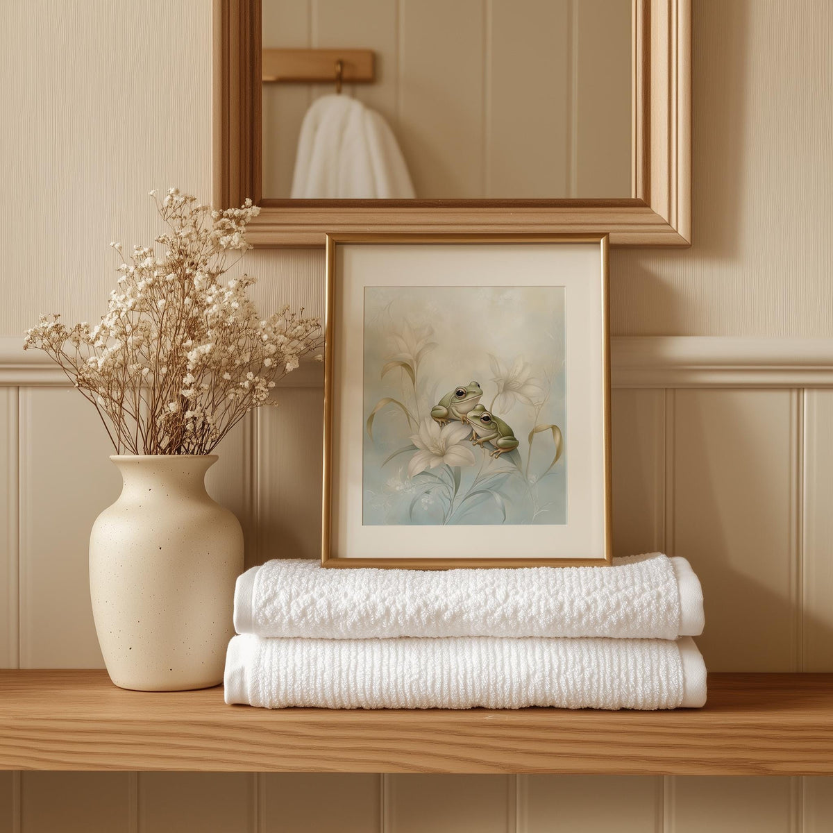 Frog Lily animal art print shown in a room setting