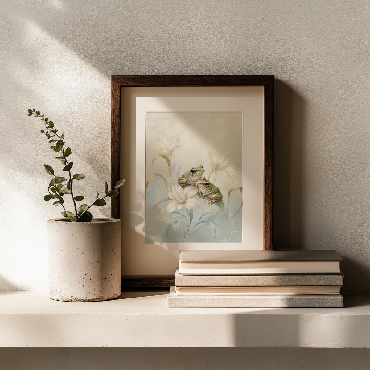Frog Lily animal art print shown in a room setting