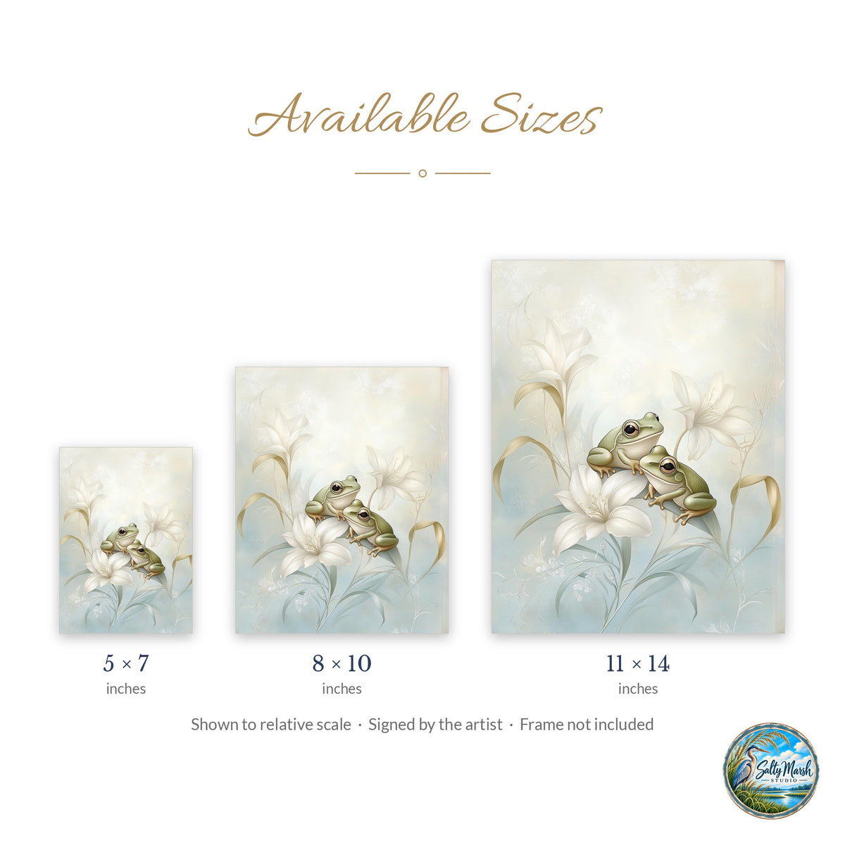Frog Lily art print size guide: 5x7, 8x10 and 11x14
