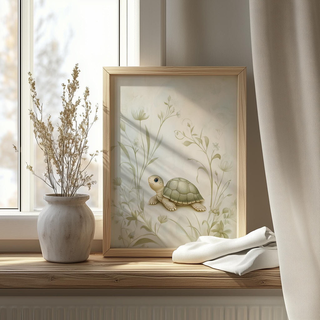 Baby Turtle animal art print shown in a room setting
