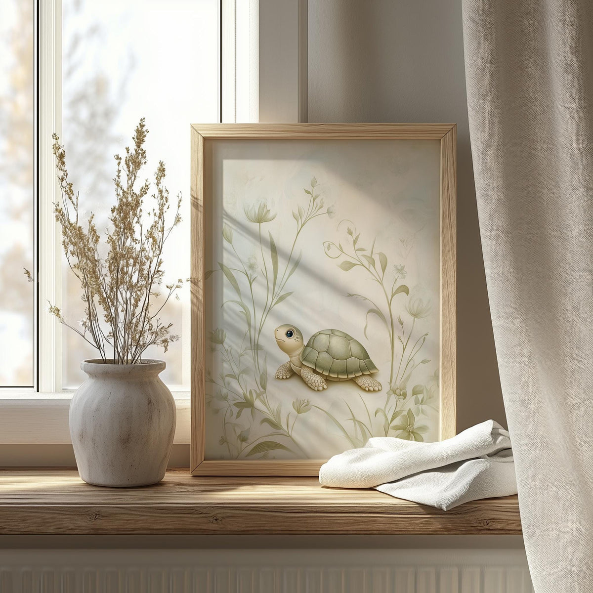 Baby Turtle animal art print shown in a room setting