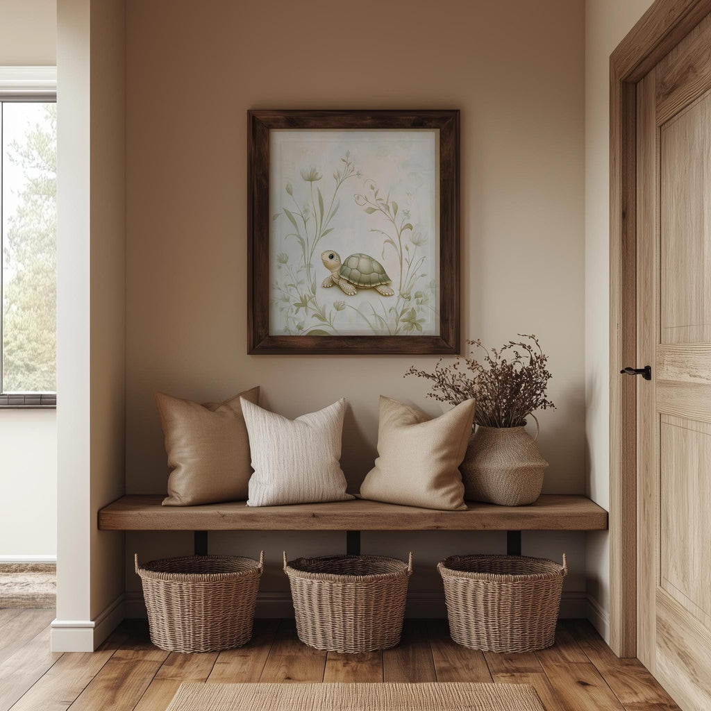 Baby Turtle animal art print shown in a room setting
