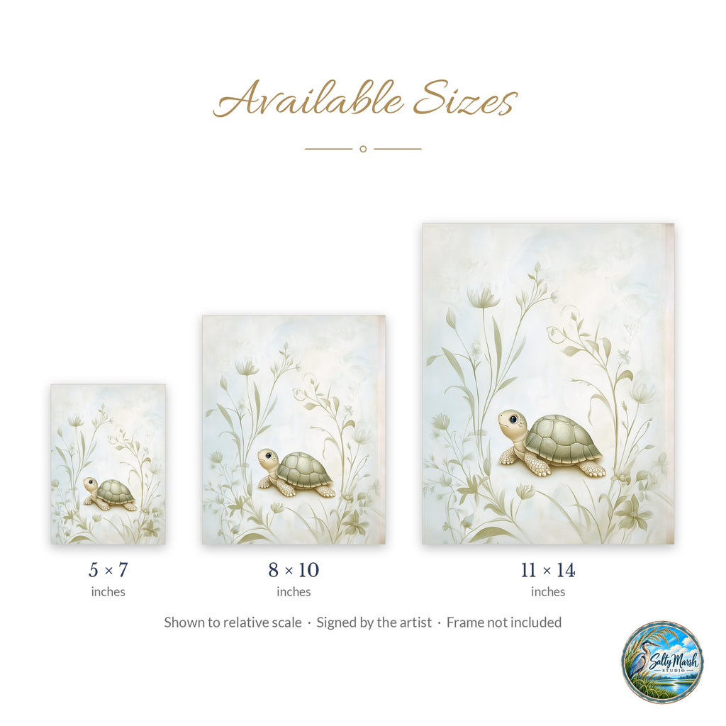 Baby Turtle art print size guide: 5x7, 8x10 and 11x14