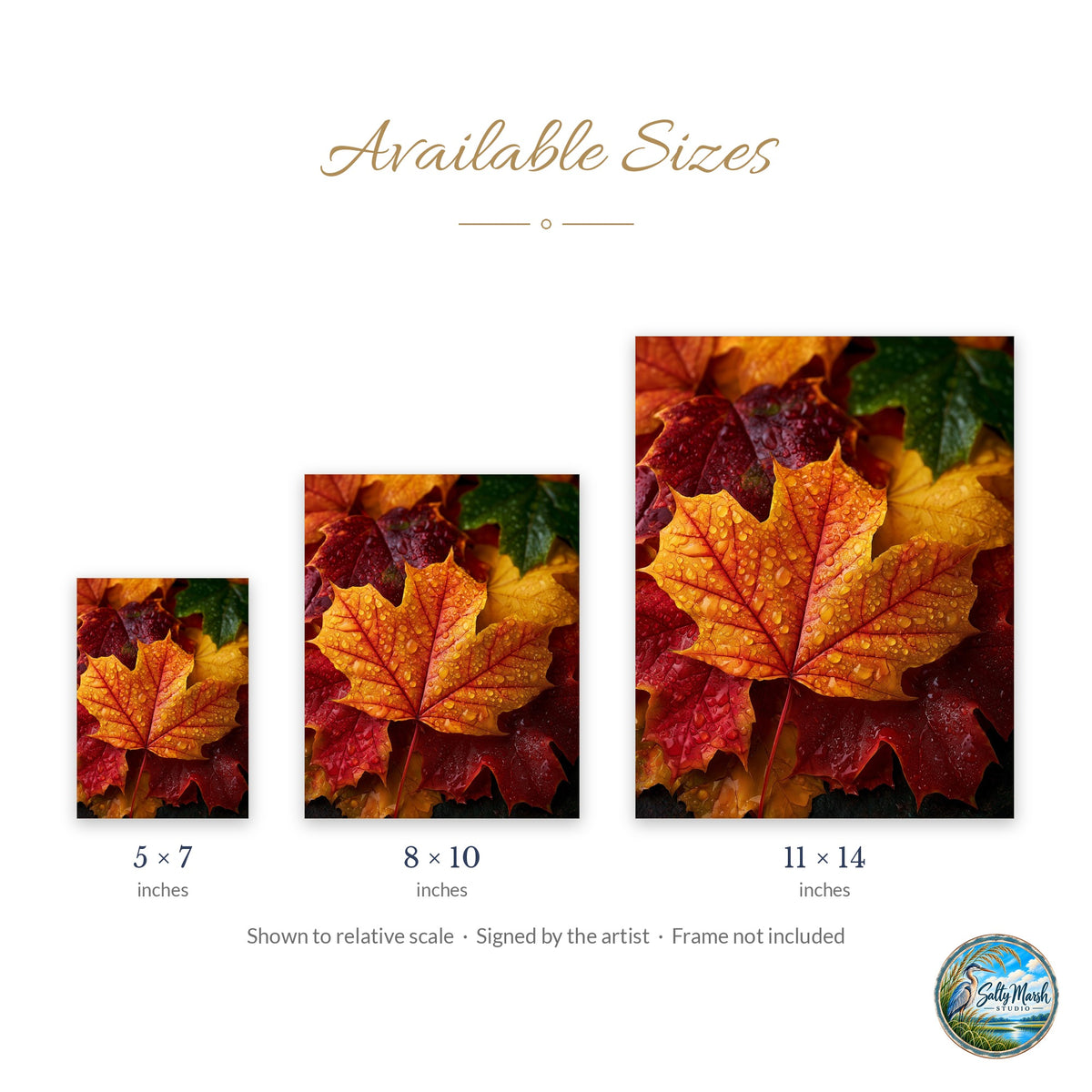 Maple Leaves art print size guide: 5x7, 8x10 and 11x14