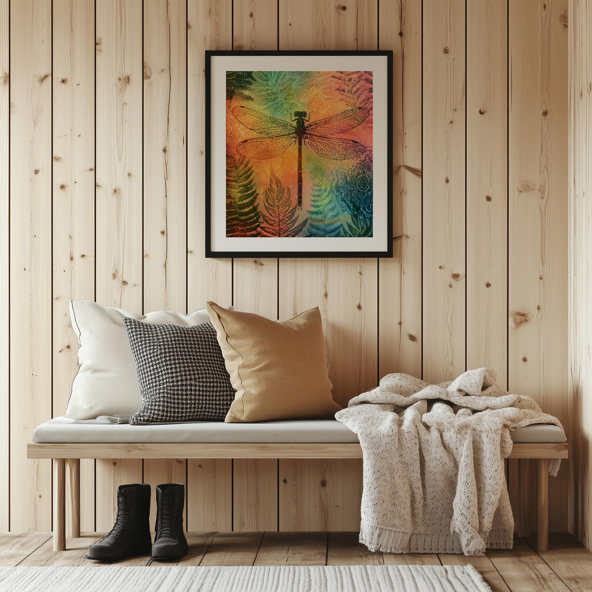 Dragonfly Fern animal art print shown in a room setting