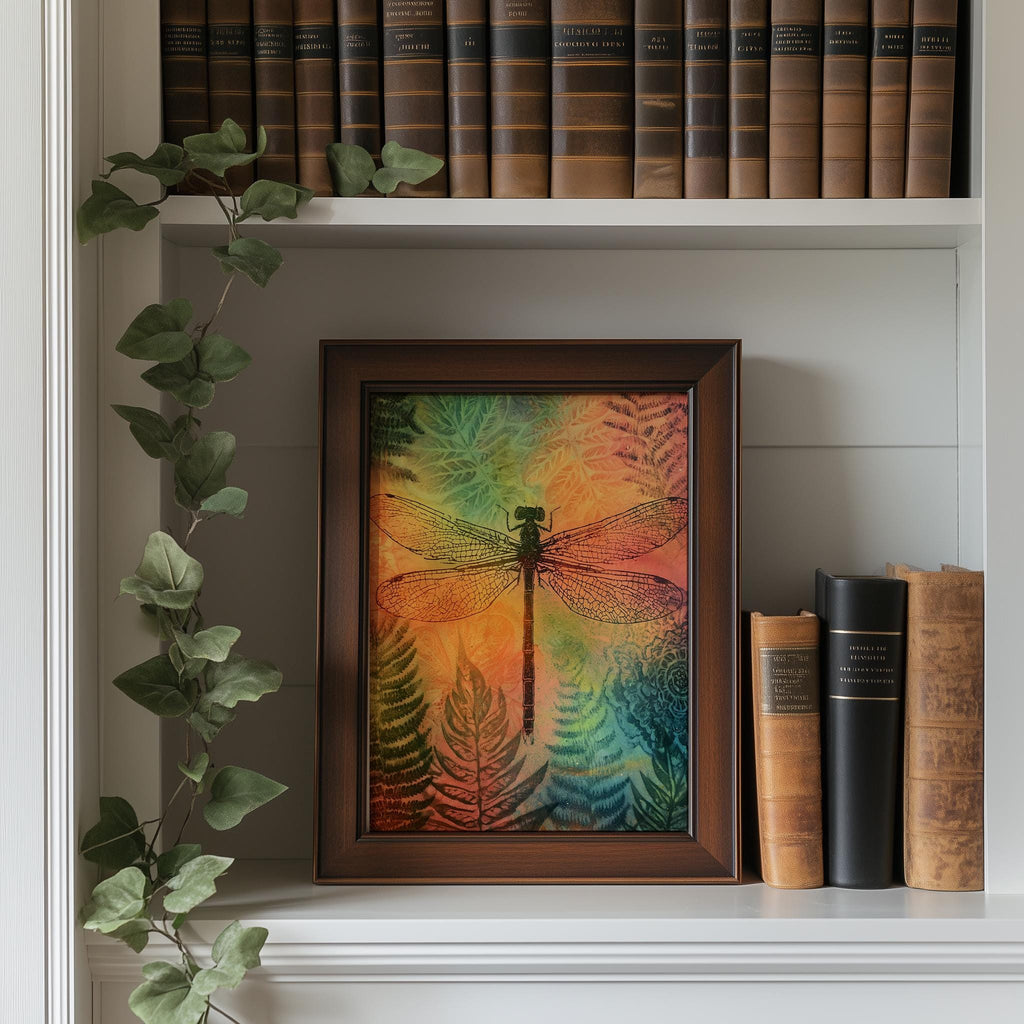Dragonfly Fern animal art print shown in a room setting