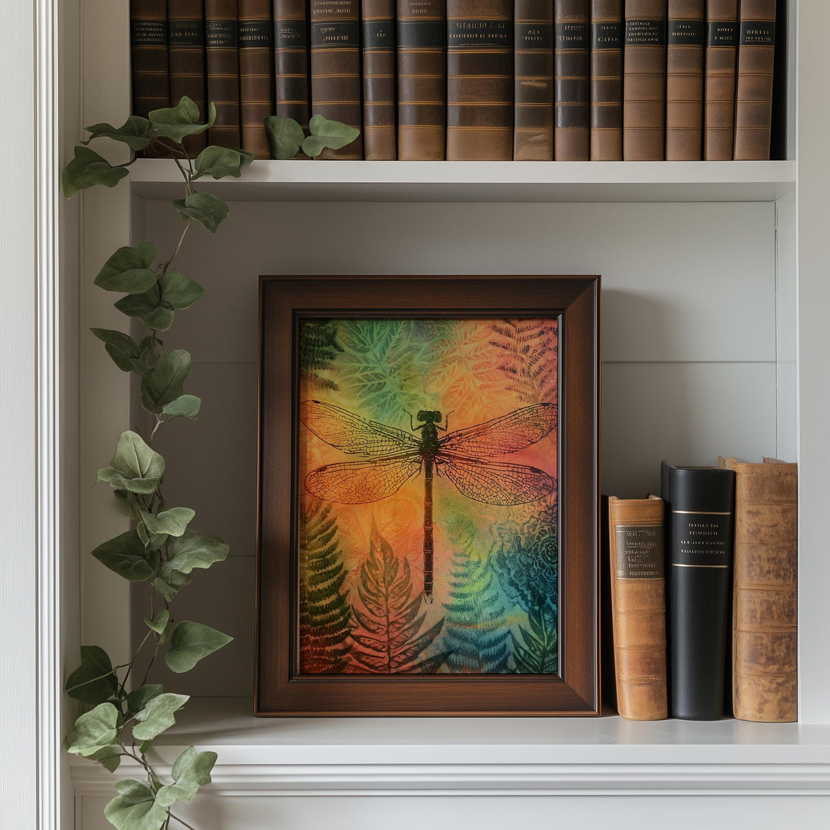 Dragonfly Fern animal art print shown in a room setting