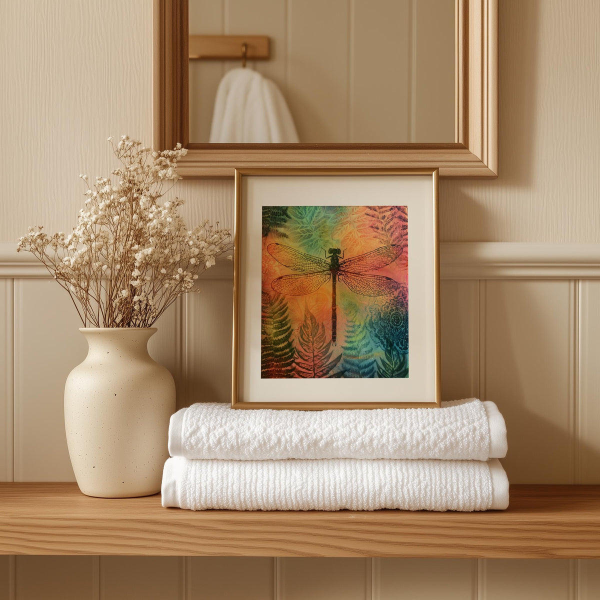 Dragonfly Fern animal art print shown in a room setting