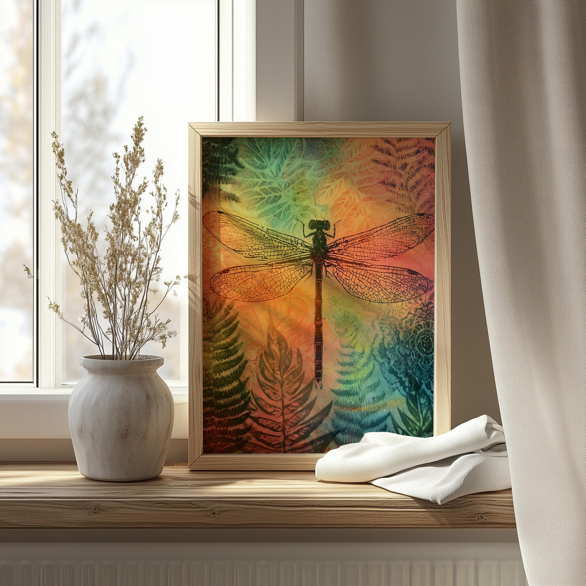 Dragonfly Fern animal art print shown in a room setting