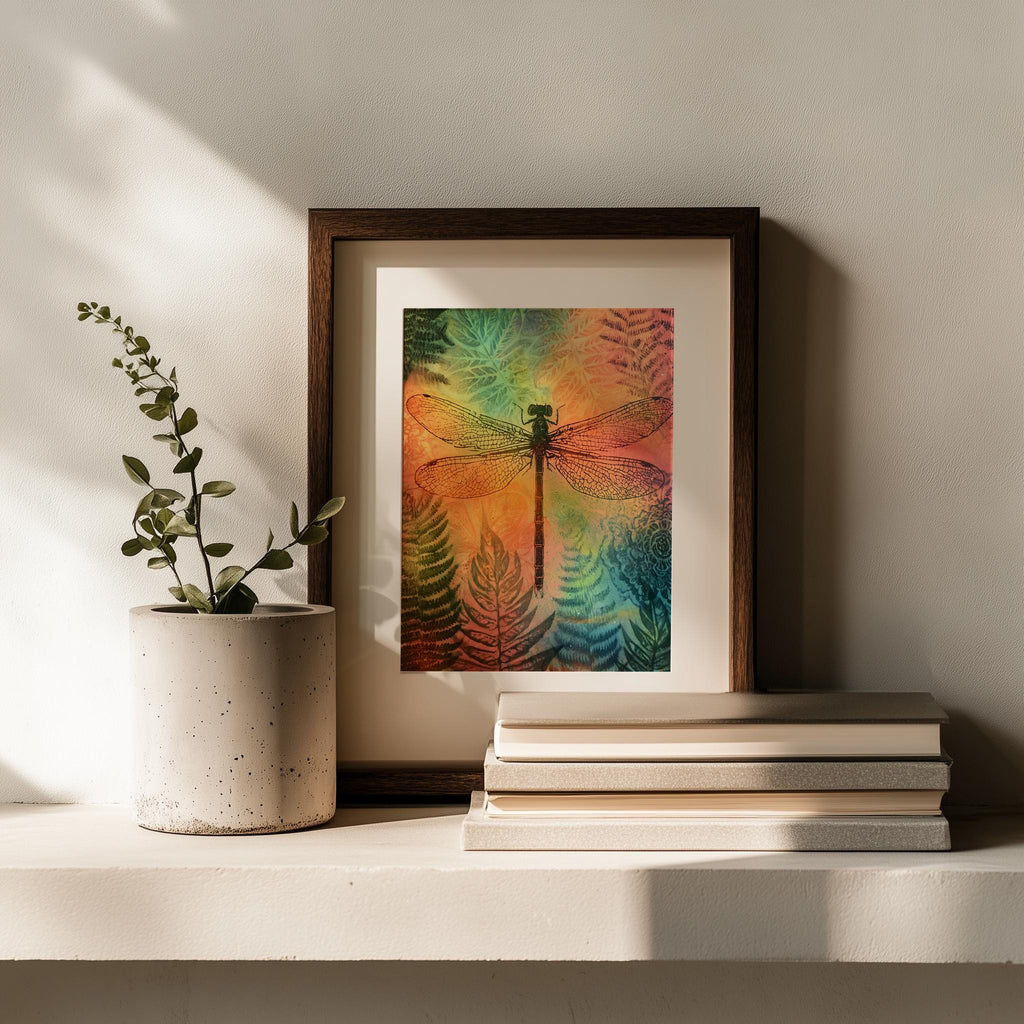 Dragonfly Fern animal art print shown in a room setting