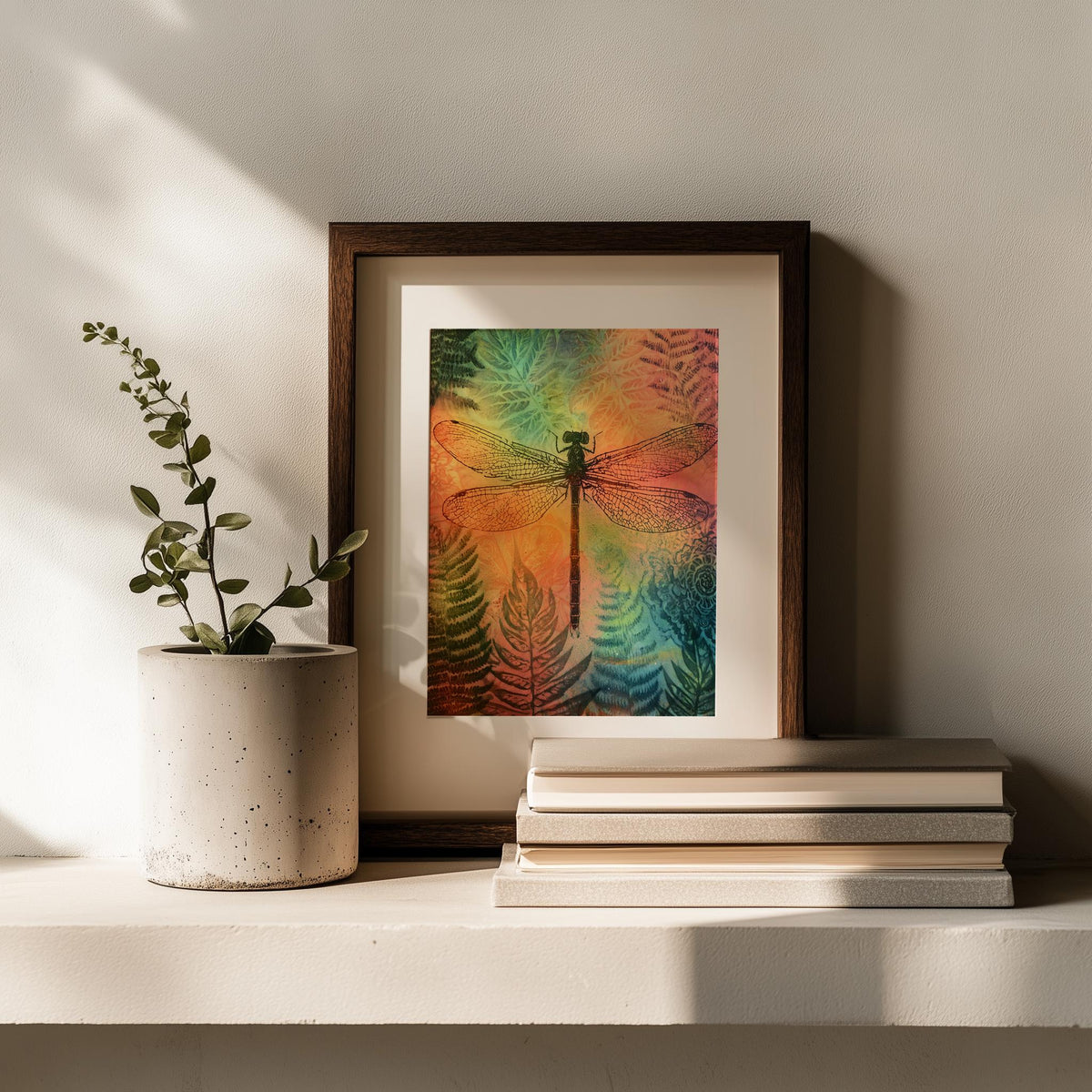 Dragonfly Fern animal art print shown in a room setting