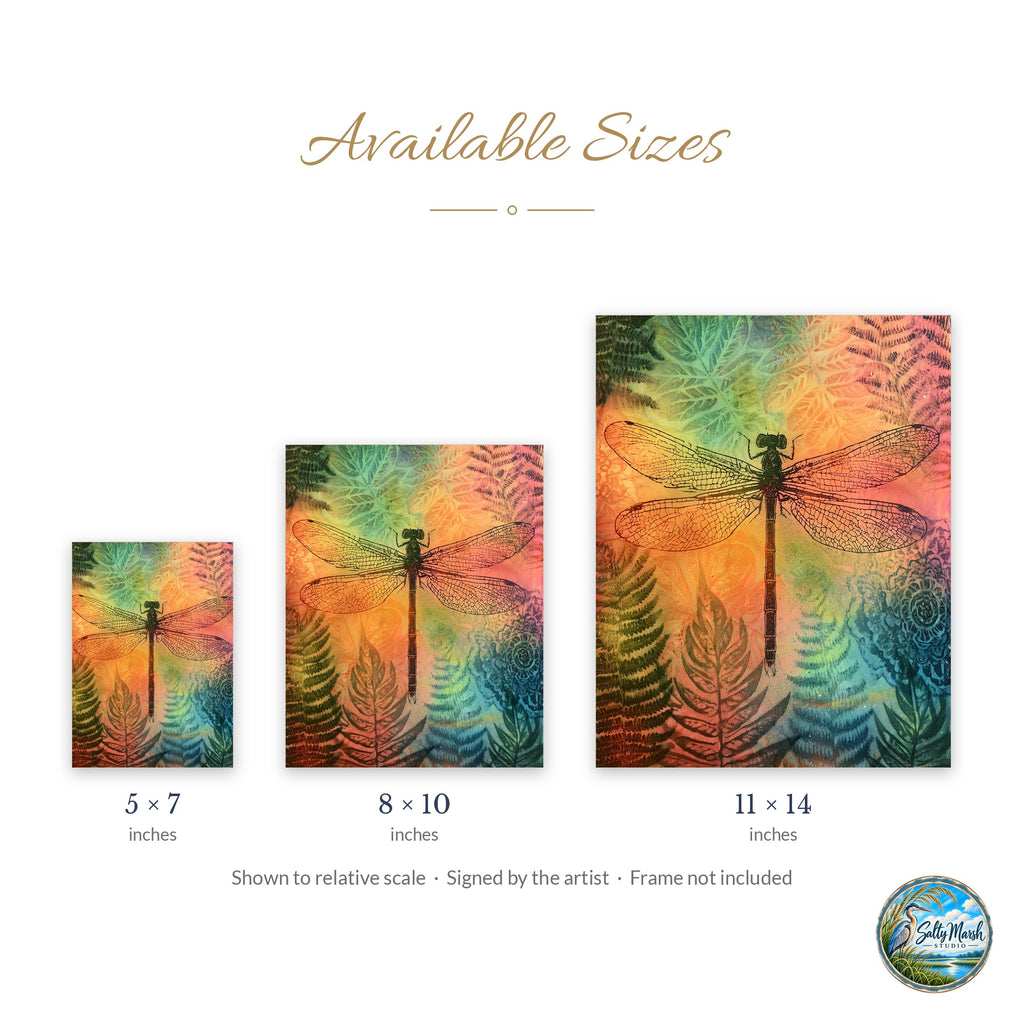 Dragonfly Fern art print size guide: 5x7, 8x10 and 11x14