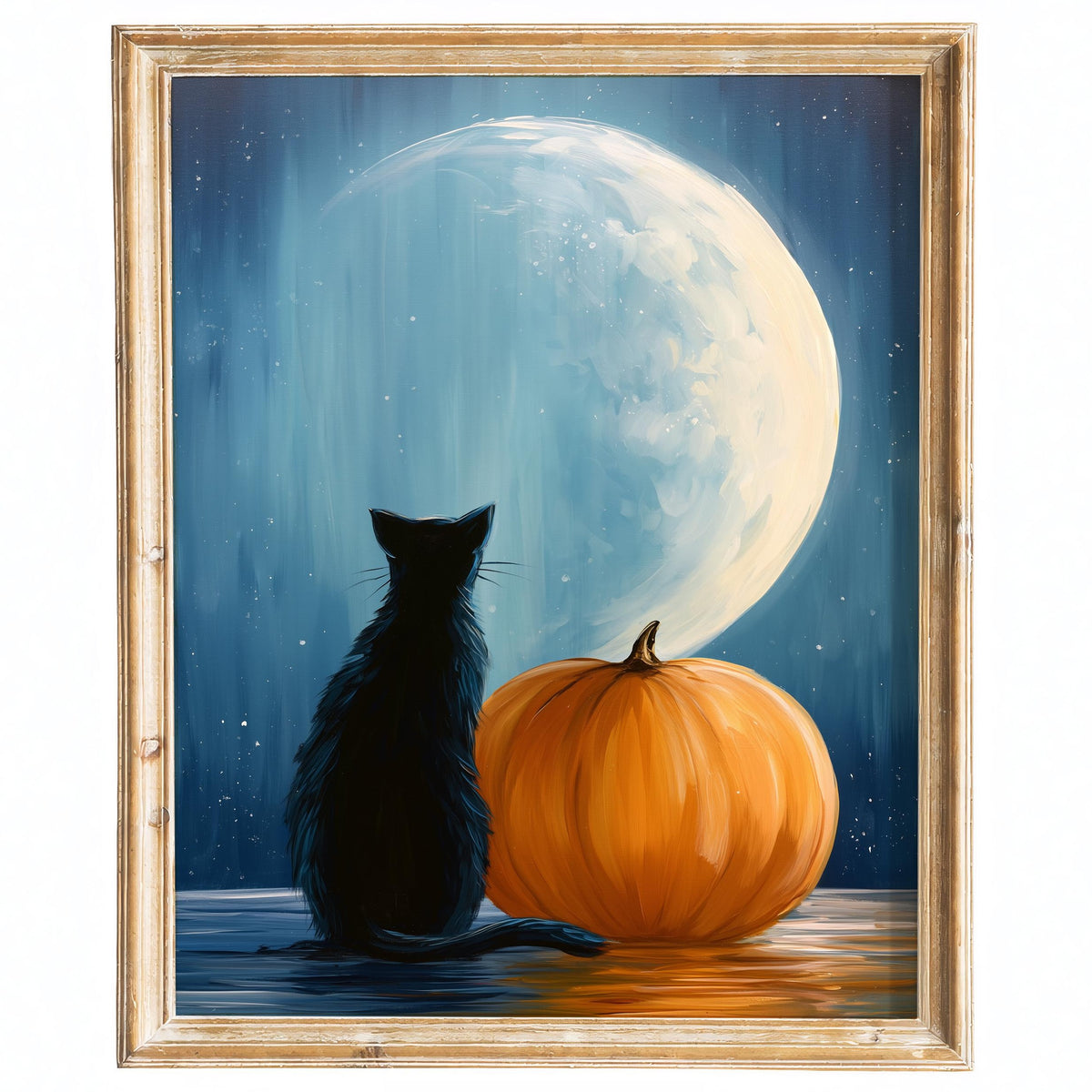 Moon Cat Pumpkin Halloween art print framed