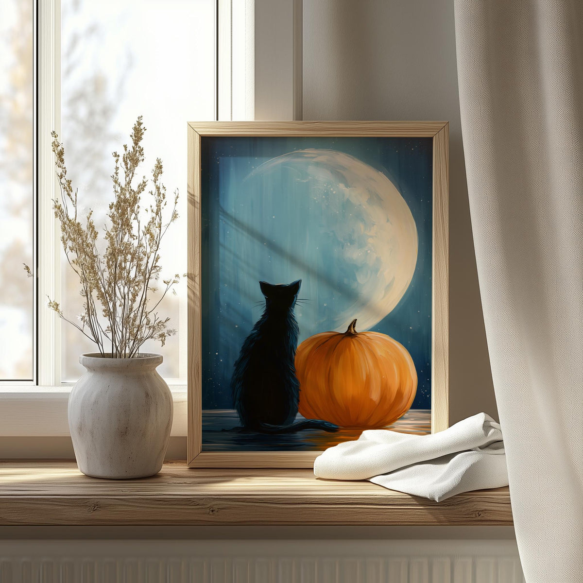 Moon Cat Pumpkin Halloween art print shown in a room setting