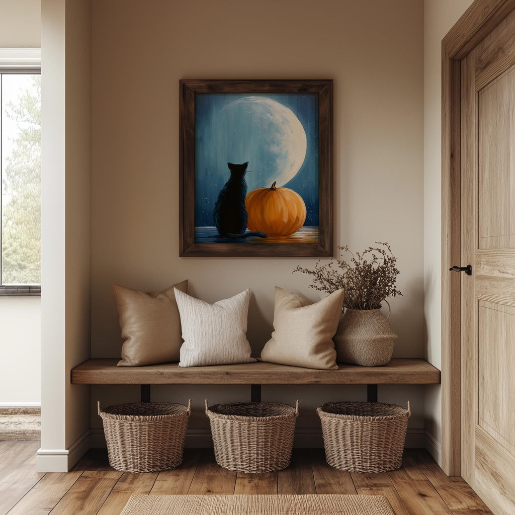 Moon Cat Pumpkin Halloween art print shown in a room setting